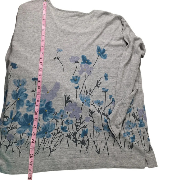 J. Jill XL Gray Grey Cotton Blend Blue Floral Pullover Scoop-Neck Sweater - Picture 11 of 14